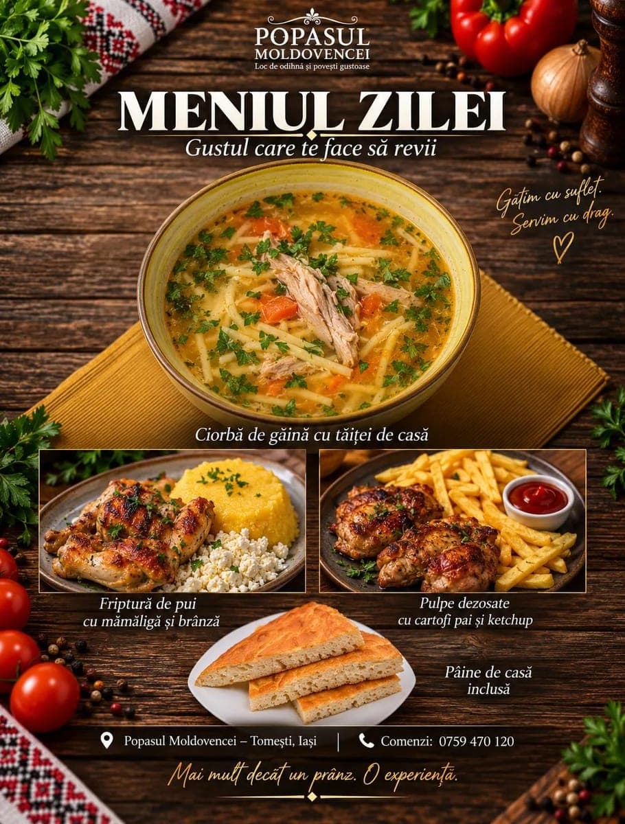 Ciorba de gaina cu taitei de casa — Pulpe dezosate cu cartofi pai si ketchup